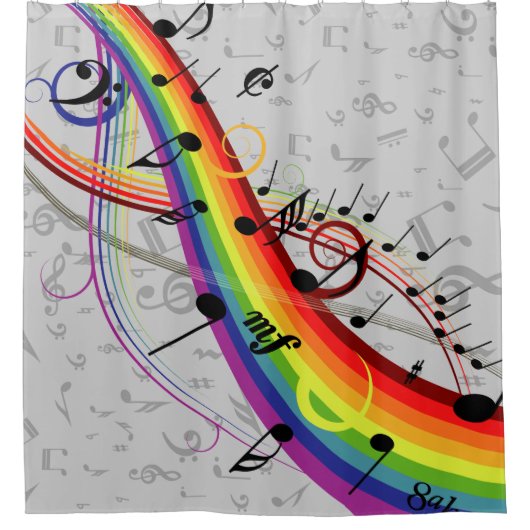 Rainbow Black Musical Notes on Grau Duschvorhang (Vorderseite)