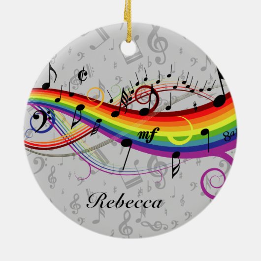 Rainbow Black Musical Notes on Grau Keramik Ornament (Hinten)