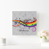 Rainbow Black Musical Notes on Gray Quadratische Wanduhr (Zuhause)