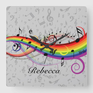 Rainbow Black Musical Notes on Gray Quadratische Wanduhr