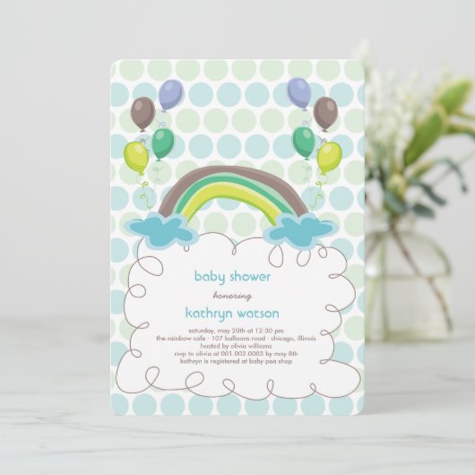 Rainbow & Blue Balloons Baby Boy Dusche Einladung (Stehend Vorderseite)