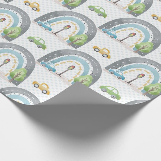 Rainbow Blue mit Autos und Straßenschildern Junge Geschenkpapier (Ecke)