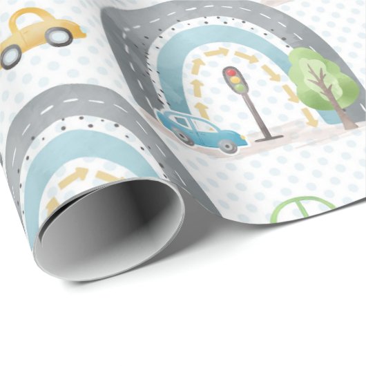 Rainbow Blue mit Autos und Straßenschildern Junge Geschenkpapier (Rolleneckpunkt)