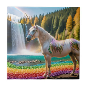 Rainbow Blume Einicorn Grüne Bäume Wasserfall Lake Fliese
