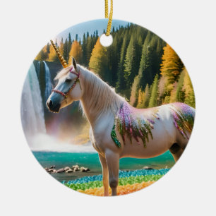 Rainbow Blume Einicorn Grüne Bäume Wasserfall Lake Keramik Ornament