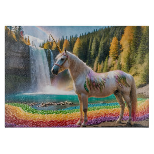 Rainbow Blume Einicorn Grüne Bäume Wasserfall Lake Schneidebrett