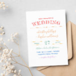 Rainbow Blume Gay Lesbian Wedding Einladung<br><div class="desc">Farbenfrohe schwule Hochzeit oder lesbische Hochzeitseinladung mit einem charmanten typografischen Design in Regenbogenfarben. Der Rücken hat ein Blumenmuster im Retro-Stil in den Farben des Regenbogens.</div>