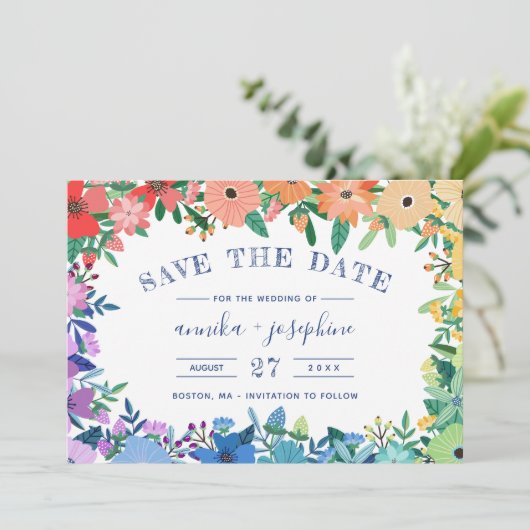 Rainbow-Blume LGBT Wedding Save the Date (Stehend Vorderseite)