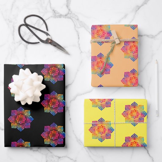 Rainbow Blume Mandala Pattern Trio Geschenkpapier Set (Vorderseite)