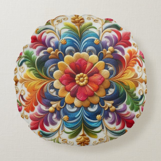 Rainbow-Blume Stickereien Rundes Kissen (Vorderseite)