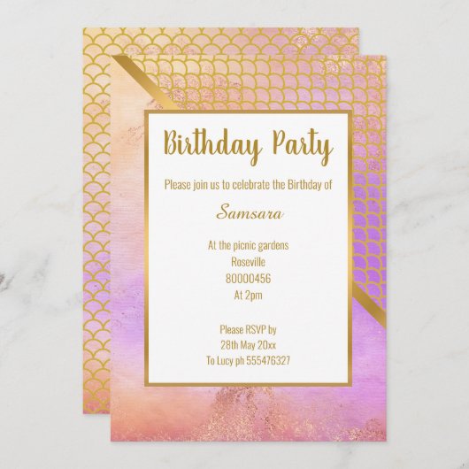 RAINBOW BLUR GOLD MERMAID SCALE GEBURTSTAG EINLADUNG (Vorne/Hinten)