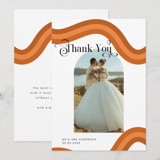 Rainbow Boho Arch Foto Retro Script 70er Wedding Dankeskarte (Vorne/Hinten)