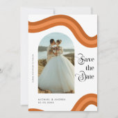 Rainbow Boho Arch Foto Retro Script 70er Wedding Save The Date (Vorderseite)
