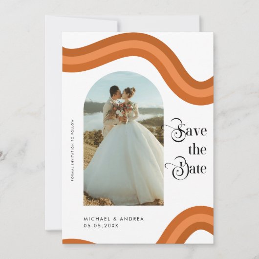 Rainbow Boho Arch Foto Retro Script 70er Wedding Save The Date (Vorderseite)