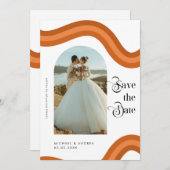 Rainbow Boho Arch Foto Retro Script 70er Wedding Save The Date (Vorne/Hinten)