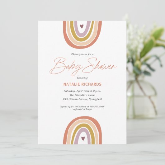 Rainbow Boho Blush Peach Baby Dusche Einladung (Stehend Vorderseite)