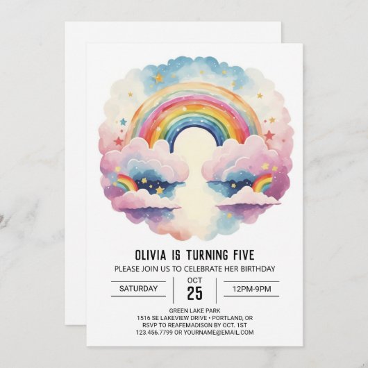 Rainbow Boho Clouds Girl Geburtstag Einladung (Vorne/Hinten)