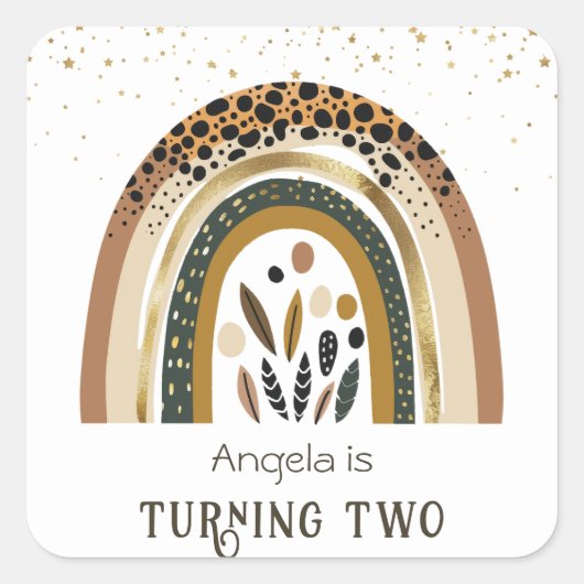 Rainbow Boho Floral 2. Geburtstag Quadratischer Aufkleber (Vorderseite)