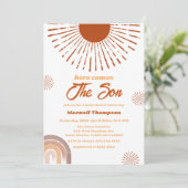 Rainbow Boho kommt hier zur Son Baby Dusche Einladung (Stehend Vorderseite)