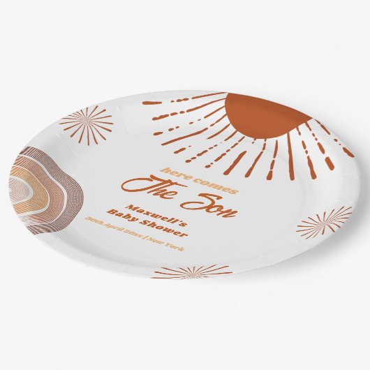 Rainbow Boho kommt hier zur Son Baby Dusche Pappteller (Schrägansicht)