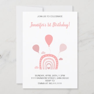 Rainbow Boho Pastel Pink Erster Geburtstag Foto Einladung