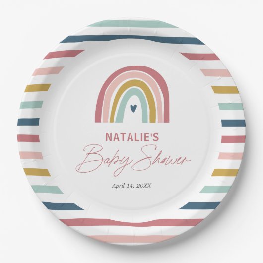 Rainbow Boho Pink Blue Baby Dusche Pappteller (Vorderseite)