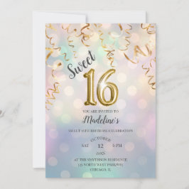 Rainbow Bokeh Gold Confetti und Sparkle Foil 16 Einladung