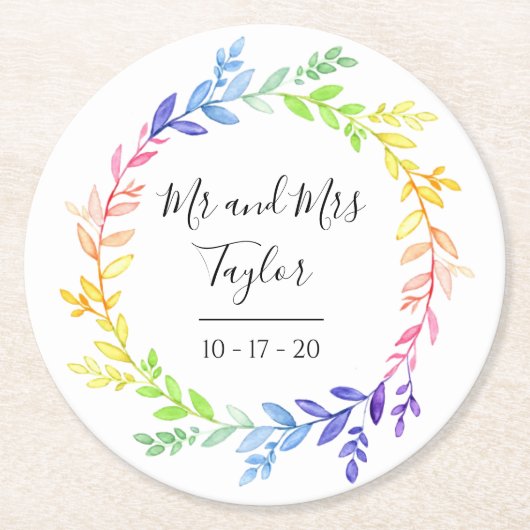 Rainbow Botanische Blätter Hochzeit Runder Pappuntersetzer (Vorderseite)