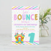 Rainbow Bounce House - Jump First Birthday Party Einladung (Stehend Vorderseite)