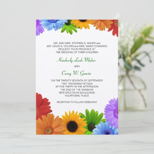 Rainbow Bouquet Wedding Einladung (Stehend Vorderseite)