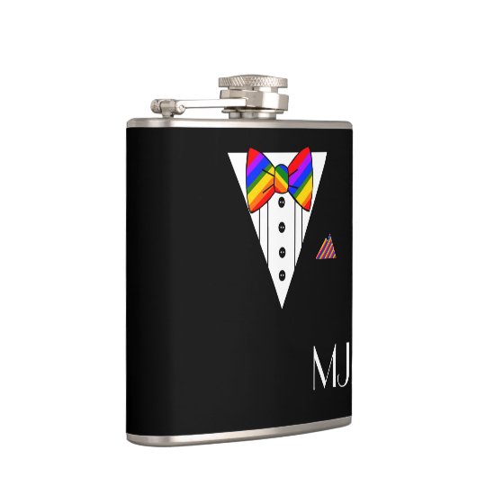 Rainbow Bow Krawatte Black Tuxedo Mit Monogramm Flachmann (Rechts)