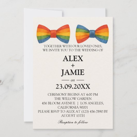Rainbow Bow Krawatte LGBT Gay Wedding Einladung (Vorderseite)