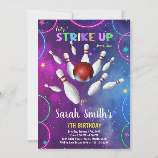 Rainbow Bowling Birthday Einladung (Vorderseite)