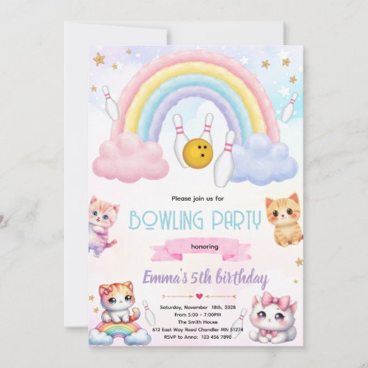 Rainbow bowling cat party invitation einladung (Vorderseite)