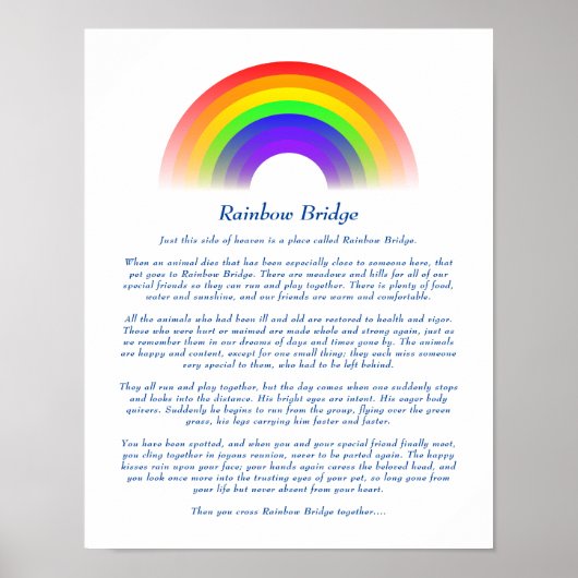Rainbow Bridge Gedicht für den Verlust von Haustie Poster (Vorne)