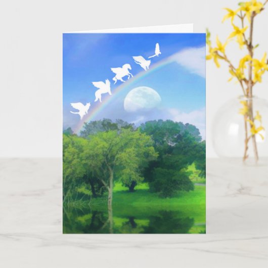 Rainbow Bridge über Eichenbaum Haustier Sympathie  Karte (Gelbe Blume)