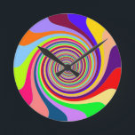 Rainbow bright psychedelic pop art candy swirl runde wanduhr<br><div class="desc">with a psychedelic rainbow swirl pattern inspirred by the 1960s and 1970s pop art moed,  this brightly coloured,  swirly spiral pattern is funky and uplifting and sure to make you smile.</div>