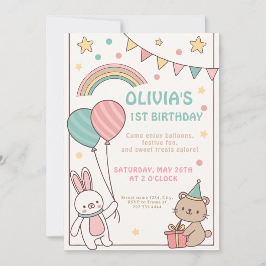 Rainbow Bunny Birthday Celebration Einladung (Vorderseite)