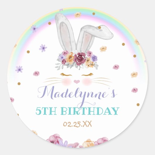 Rainbow Bunny Wunny Floral Bunny Birthday Runder Aufkleber (Vorderseite)