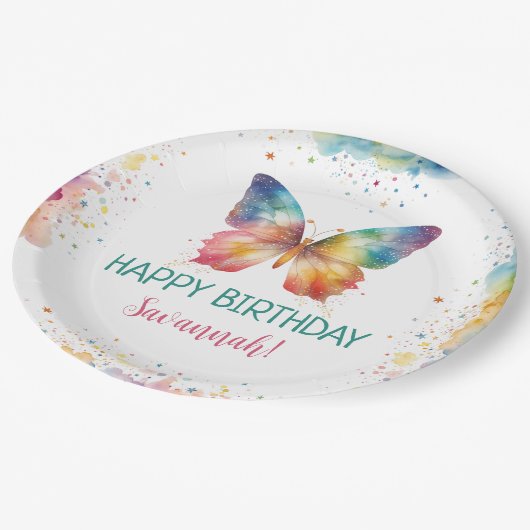 Rainbow Butterfly Birthday Pappteller (Schrägansicht)