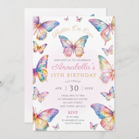 Rainbow Butterfly Geburtstagsparty Einladung (Vorne/Hinten)