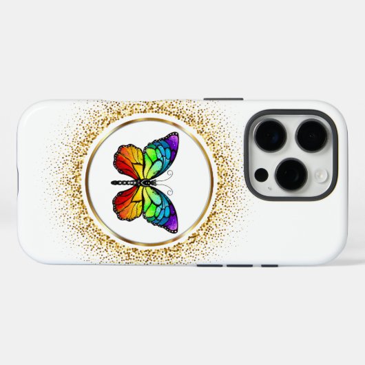 Rainbow Butterfly in a Golden Circle Case-Mate iPhone Hülle (Rückseite (Horizontal))