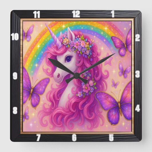 Rainbow Butterfly Magical Unicorn Quadratische Wanduhr (Vorderseite)