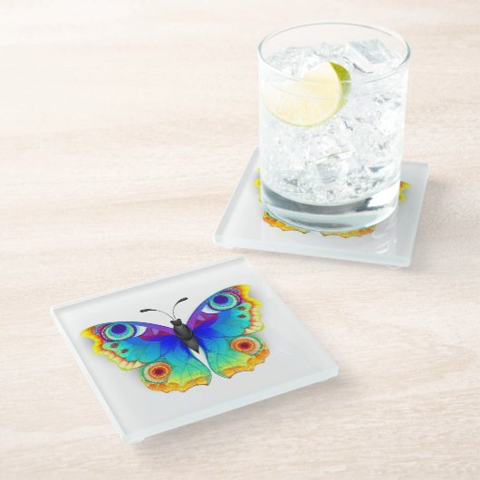 Rainbow Butterfly Peacock Eye Glasuntersetzer (Schrägansicht)