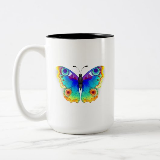 Rainbow Butterfly Peacock Eye Zweifarbige Tasse (Links)