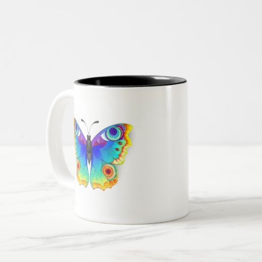 Rainbow Butterfly Peacock Eye Zweifarbige Tasse (Vorderseite Links)