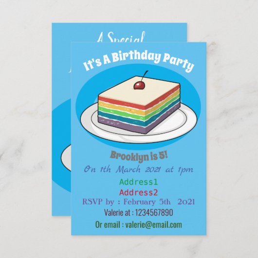 Rainbow cake Cartoon Einladung (Vorne/Hinten)