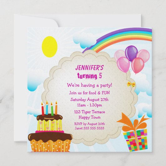Rainbow & Cake Girl's Niedliche Geburtstag Party Einladung (Vorderseite)