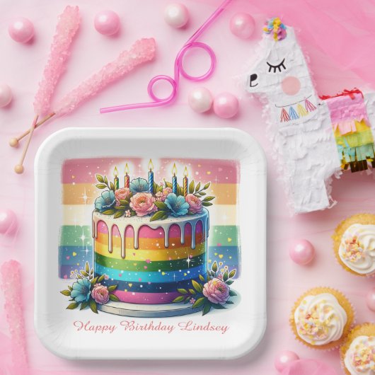 Rainbow Cake Happy Birthday Party Personalisiert Pappteller (Party)