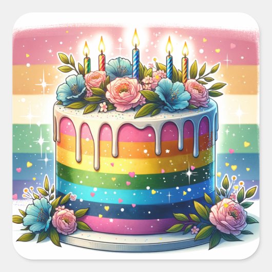 Rainbow Cake Happy Birthday Quadratischer Aufkleber (Vorderseite)